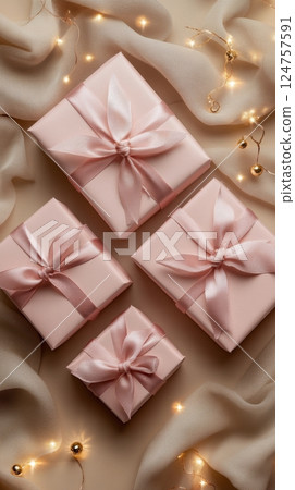 Beautifully Wrapped Pink Gifts on a Festive Background With Soft Lights 124757591