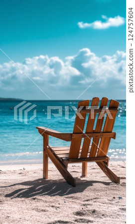 Relaxing Wooden Chair Facing Tranquil Ocean Waves Under a Bright Blue Sky 124757604