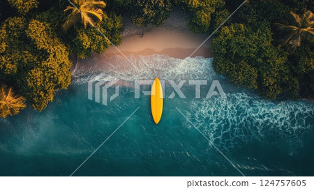 Surfer Catches a Wave With a Bright Yellow Surfboard in Clear Ocean Water During Sunny Conditions 124757605