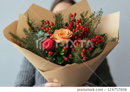 Winter Bouquet Held by a Person Wearing a Cozy Sweater in a Plain Backdrop 124757606