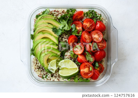 Fresh quinoa salad in a transparent container with avocado slices, cherry tomatoes, and zesty lime dressing, bright natural lighting, rustic artisanal style, minimalistic background, healthy food 124757616