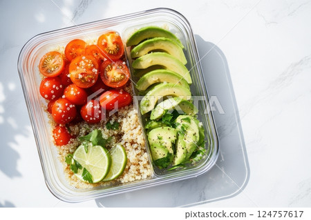 A crisp and wholesome quinoa salad with avocado, cherry tomatoes, and zesty lime dressing. Clean and modern presentation emphasizes the natural beauty of nutritious ingredients. 124757617