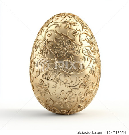 realistic Easter egg with an intricate golden pattern, isolated on a white background. High-resolution professional photograph with sharp focus, studio lighting, and hyper-realistic detail for elegant 124757654
