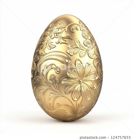 realistic Easter egg with an intricate golden pattern, isolated on a white background. High-resolution professional photograph with sharp focus, studio lighting, and hyper-realistic detail for elegant 124757655