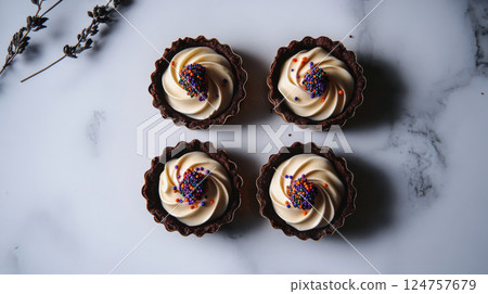 Chocolate mini tartlets with crisp cocoa crust, smooth cream filling, and colorful sprinkles, captured in soft, diffused lighting on a white background. 124757679