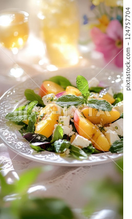 Retro salad with juicy peaches, feta, and mint in a dreamy Y2K aesthetic. Pastel tones, glow, and floral tableware evoke nostalgic magazine styling 124757704