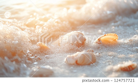 Beautiful Seashells Scattered on the Soft Sand With Gentle Ocean Waves During Sunset 124757721