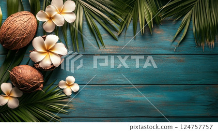 Tropical Arrangement With Palm Leaves and Flowers on Textured Background 124757757