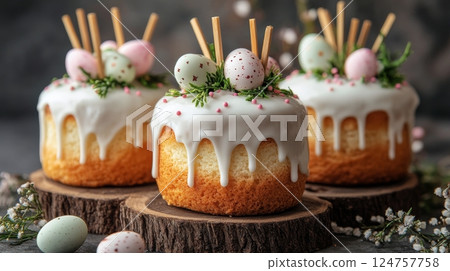 Delightful Spring Cakes Decorated With Eggs and Greenery for Festive Celebrations 124757758