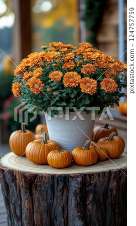 Fall Decorations Featuring Orange Chrysanthemums and Pumpkins on a Wooden Stump 124757759