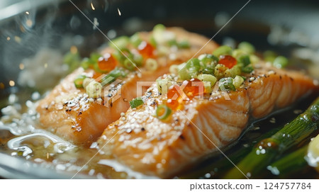 Delicious Salmon Fillet Topped With Fresh Vegetables and Served in a Flavorful Sauce at a Restaurant 124757784