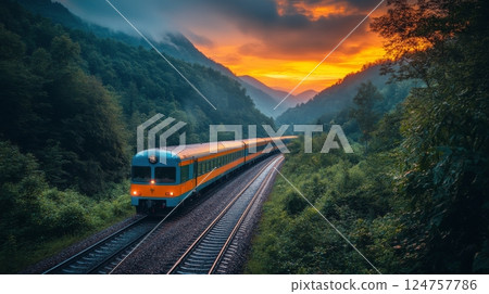 Scenic Train Journey Through Mountains at Sunset With Vibrant Sky Scenic Train Journey Through Mountains at Sunset With Vibrant Sky 124757786