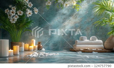 Relaxing Spa Setting With Candles and Tropical Flowers During Evening Hours 124757790