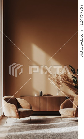 Cozy Living Space Featuring Warm Tones and Natural Light in a Modern Interior Design Setup Cozy Living Space Featuring Warm Tones and Natural Light in a Modern Interior Design Setup 124757855