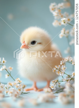 Soft Chick Surrounded by Delicate Flowers in a Serene Setting 124757856