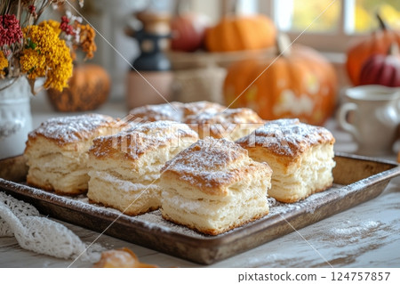Freshly Baked Biscuits on a Tray With Autumn Decorations in a Cozy Kitchen 124757857