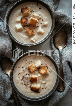 Creamy Soup With Croutons Served in Rustic Bowls on a Cozy Wooden Table 124757862