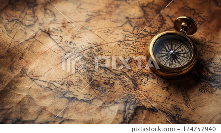 Exploring the Ancient Navigation Tools Displayed on a Vintage Map in Soft Lighting Exploring the Ancient Navigation Tools Displayed on a Vintage Map in Soft Lighting 124757940