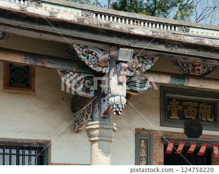 Decoration under the eaves of a traditional historic house in Tongxiao, Miaoli, Taiwan 124758220