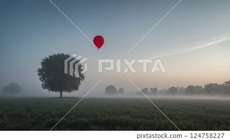 Lone Red Balloon Floating Above Field at Sunrise in Misty Landscape 124758227