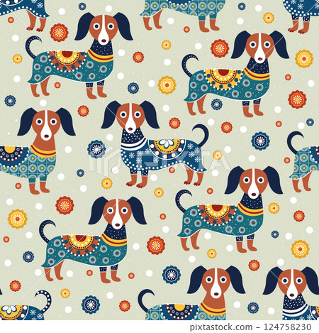 colored dog on a light background in an ornament . seamless pattern colored dog on a light background in an ornament . seamless pattern 124758230