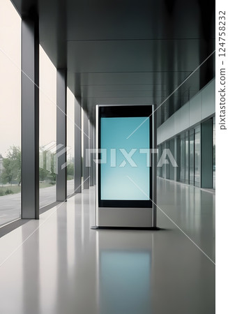 Blank advertising billboard mockup in modern glass corridor for branding and marketing Blank advertising billboard mockup in modern glass corridor for branding and marketing 124758232