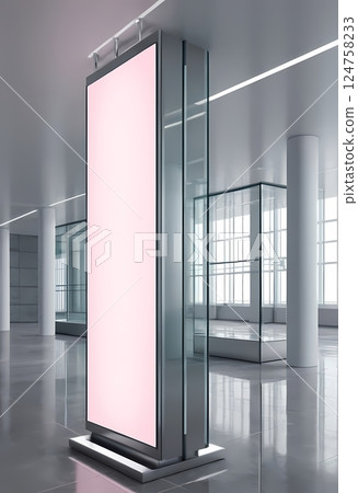 Blank advertising billboard mockup in modern glass corridor for branding and marketing 124758233