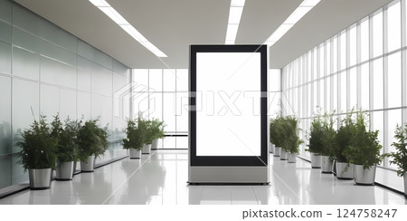 Blank advertising billboard mockup in modern glass corridor for branding and marketing Blank advertising billboard mockup in modern glass corridor for branding and marketing 124758247