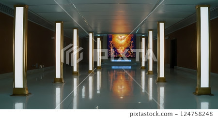 Blank advertising billboard mockup in modern glass corridor for branding and marketing Blank advertising billboard mockup in modern glass corridor for branding and marketing 124758248