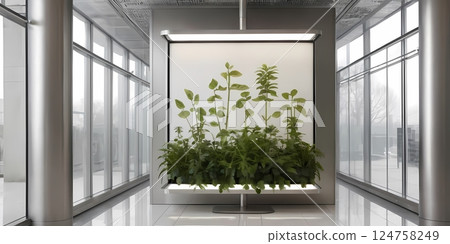 Blank advertising billboard mockup in modern glass corridor for branding and marketing 124758249
