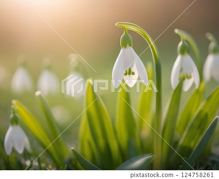 Close-up of Delicate White Snowdrops in Early Spring with Dew and Warm Sunlight Bokeh 124758261