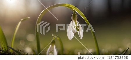 Close-up of Delicate White Snowdrops in Early Spring with Dew and Warm Sunlight Bokeh Close-up of Delicate White Snowdrops in Early Spring with Dew and Warm Sunlight Bokeh 124758268