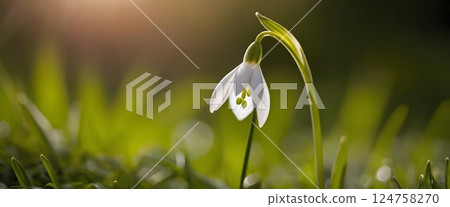 Close-up of Delicate White Snowdrops in Early Spring with Dew and Warm Sunlight Bokeh Close-up of Delicate White Snowdrops in Early Spring with Dew and Warm Sunlight Bokeh 124758270