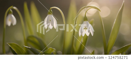 Close-up of Delicate White Snowdrops in Early Spring with Dew and Warm Sunlight Bokeh Close-up of Delicate White Snowdrops in Early Spring with Dew and Warm Sunlight Bokeh 124758271