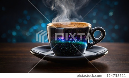 Vapor Rising from a Celestial-Themed Coffee Cup 124758311