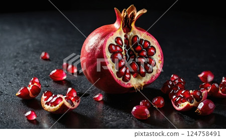 Freshly Cut Pomegranate With Juicy Seeds on a Dark Background 124758491