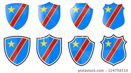 Vertical Democratic Republic of the Congo flag in shield shape, four 3d and simple versions. Vertical Democratic Republic of the Congo flag in shield shape, four 3d and simple versions. 124758510
