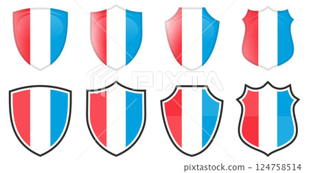 Vertical Luxembourg flag in shield shape, four 3d and simple versions. Vertical Luxembourg flag in shield shape, four 3d and simple versions. 124758514
