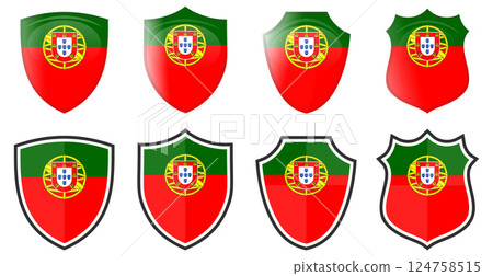 Vertical Portugal flag in shield shape, four 3d and simple versions. Portuguese icon / sign 124758515
