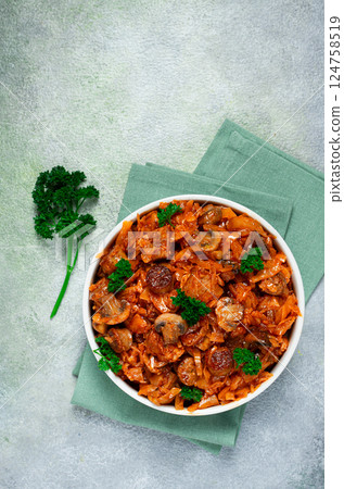 Bigos, bigus is a national Polish dish, made of cabbage and meat, stewed, homemade, no people, 124758519