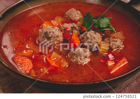 Romanian soup with meatballs, vegetable soup with meatballs, homemade, no people, 124758521