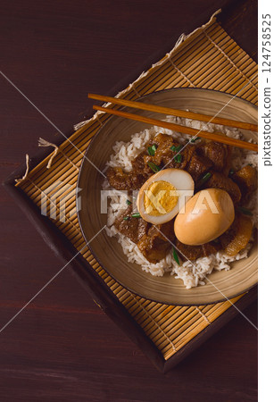 stewed eggs, with pork belly, and rice, chinese food, homemade, selective focus, rustic, no people, 124758525