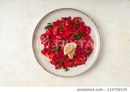 Salmon gravlax with beetroot, Scandinavian snack, beet gravlax, lightly salted fish, homemade, no people, 124758530