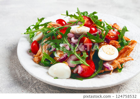 a warm salad with fried chicken fillet, arugula and cherry tomatoes, and boiled quail eggs, on a white plate, no people. a warm salad with fried chicken fillet, arugula and cherry tomatoes, and boiled quail eggs, on a white plate, no people. 124758532