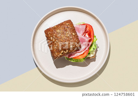 Toast sandwich made of grain bread with prosciutto, tomatoes, lettuce and sauce Toast sandwich made of grain bread with prosciutto, tomatoes, lettuce and sauce 124758601