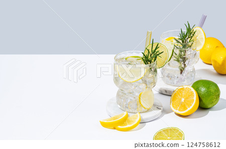 Two glasses fresh lemonade with lemon, lime, rosemary and ice. Citrus cocktail mojito  124758612