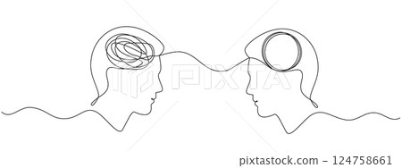 Two heads one with a tangled mind the other with an unraveling thread of thoughts drawn in one continuous line. Concept of chaos and order in thoughts, psychotherapy, mental health, problem solving 124758661