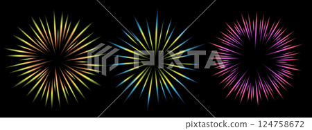 Comic blur rainbow motion lines with radial focus for high energy effects. Flash Explosion. Vector comic high speed ray, design for manga and anime graphics on a black background 124758672