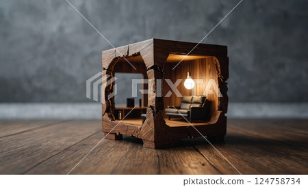 Miniature Living Room Inside a Hollowed Wooden Cube Featuring Realistic Lighting Miniature Living Room Inside a Hollowed Wooden Cube Featuring Realistic Lighting 124758734