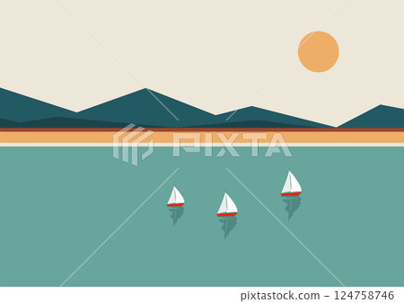 Scandinavian landscape with sea and mountains. Norwegian fjord illustration. Nordic nature landscape 124758746